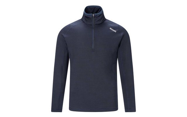 Pull bleu foncé à manches longues, col montant, demi-fermeture éclair et petit logo blanc sur l'épaule gauche