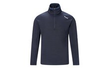 Dunkelblauer Langarmpullover mit Stehkragen, halbem Reißverschluss und kleinem weißen Logo auf der linken Schulter