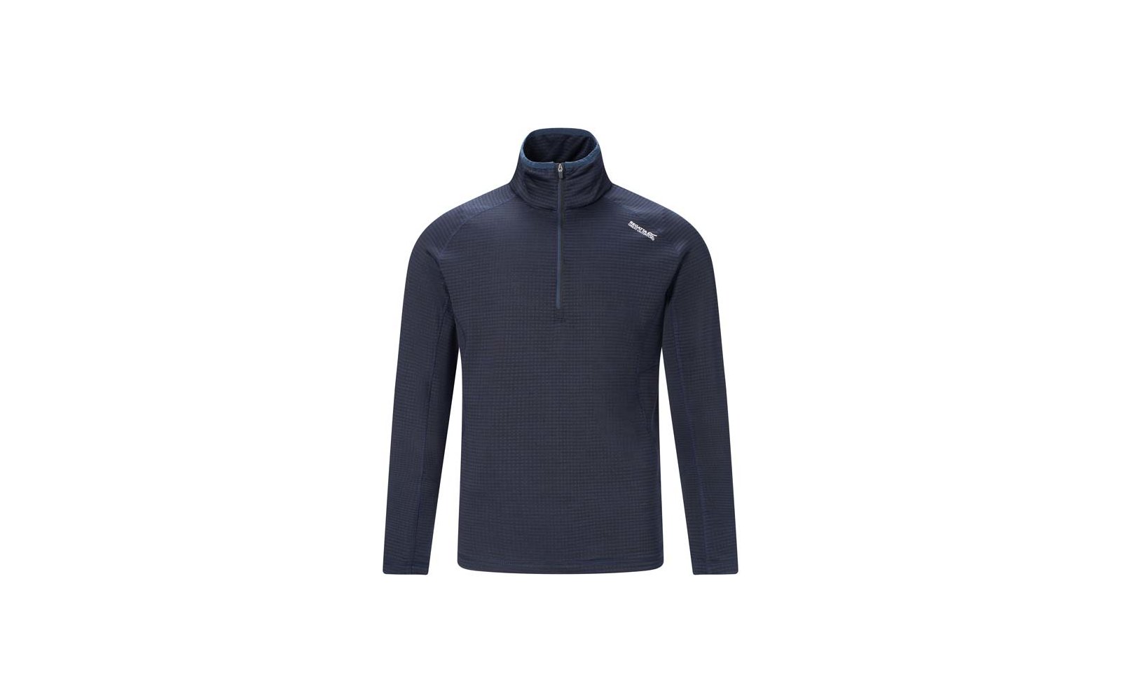 Pull bleu foncé à manches longues, col montant, demi-fermeture éclair et petit logo blanc sur l'épaule gauche