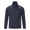 Pull bleu foncé à manches longues, col montant, demi-fermeture éclair et petit logo blanc sur l'épaule gauche