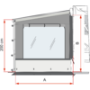 Grafische Darstellung einer an ein Fahrzeug angrenzenden Seitenwand mit rechteckigem Fenster, unterer Leiste, seitlichen Befestigungspunkten und roten Maßpfeilen mit Beschriftungen 'A', 'B' und '200 cm'