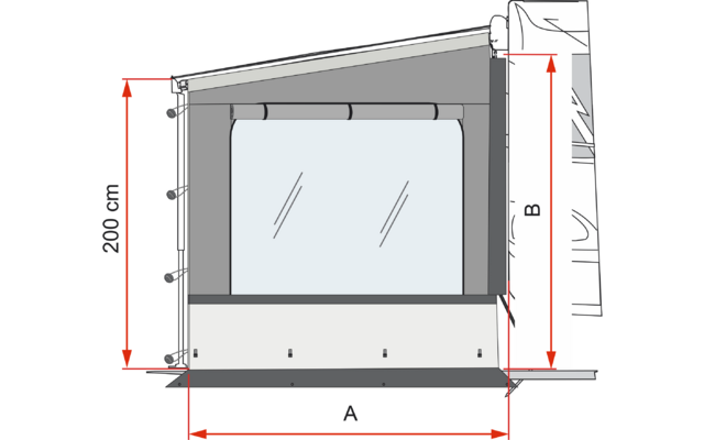 Grafische Darstellung einer an ein Fahrzeug angrenzenden Seitenwand mit rechteckigem Fenster, unterer Leiste, seitlichen Befestigungspunkten und roten Maßpfeilen mit Beschriftungen 'A', 'B' und '200 cm'