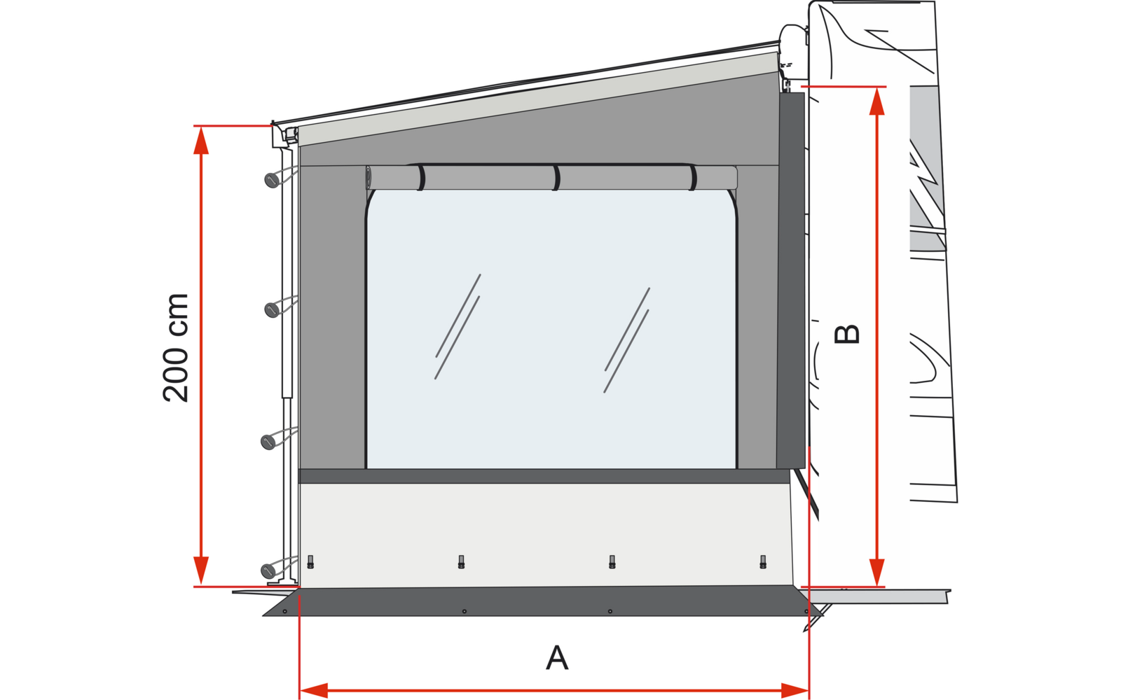 Grafische Darstellung einer an ein Fahrzeug angrenzenden Seitenwand mit rechteckigem Fenster, unterer Leiste, seitlichen Befestigungspunkten und roten Maßpfeilen mit Beschriftungen 'A', 'B' und '200 cm'