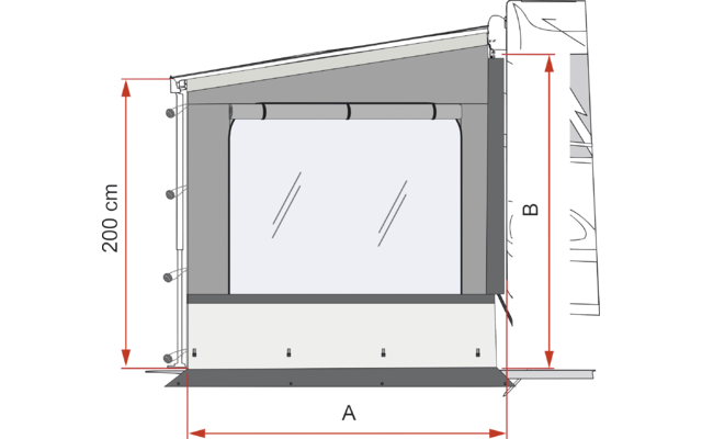 Person neben Wohnmobil befestigt seitlichen Wetterschutz/Markisenverkleidung, grasbewachsene Fläche und kahle Bäume im Hintergrund