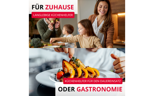 Image divisée : en haut une femme souriante et un enfant sur un plan de travail de cuisine, un homme en arrière‑plan découpe des légumes, brocoli visible ; bannière rouge avec les textes 'FÜR ZUHAUSE' et 'LANGLEBIGE KÜCHENHELFER'. En bas gros plan d'un plat dressé avec des tranches de courge rôties, tomates cerises et des mains ; bannières rouges 'KÜCHENHELFER FÜR DEN DAUEREINSATZ' et 'ODER GASTRONOMIE'