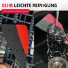 Image divisée : à gauche une spatule rouge et noire avec des gouttes d'eau dans le panier supérieur d'un lave-vaisselle ; à droite la même spatule tenue par une main sous l'eau courante au-dessus d'un évier. Texte en haut : 'SEHR LEICHTE REINIGUNG' et étiquette rouge 'SPÜLMASCHINENGEEIGNET'