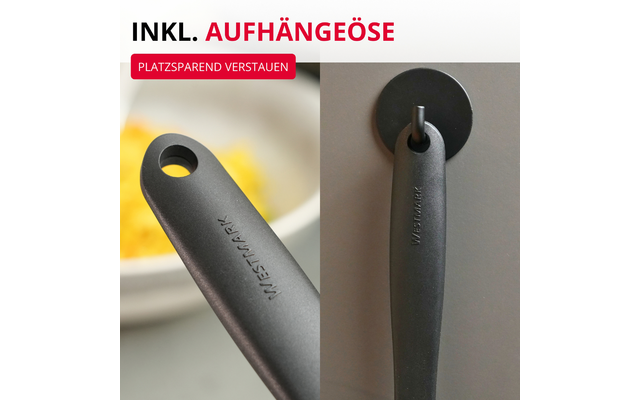 Image en deux parties : à gauche gros plan d'un manche en plastique noir avec un trou rond pour suspendre et l'inscription en relief 'WESTMARK', bol blanc flou avec contenu jaune en arrière-plan ; à droite le même manche suspendu à une plaque murale ronde foncée sur un fond gris. En haut à gauche texte 'INKL. AUFHÄNGEÖSE' et étiquette rouge 'PLATZSPAREND VERSTA UEN'