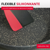 Deux bords en silicone (rouge et noir) dans une poêle noire avec des éclaboussures dorées ; en haut le texte 'FLEXIBLE SILIKONKANTE' et une bannière rouge 'SCHÜTZT EMPFINDLICHE BESCHICHTUNGEN' ; en bas à droite un encadré rouge '100% BPA FREI'