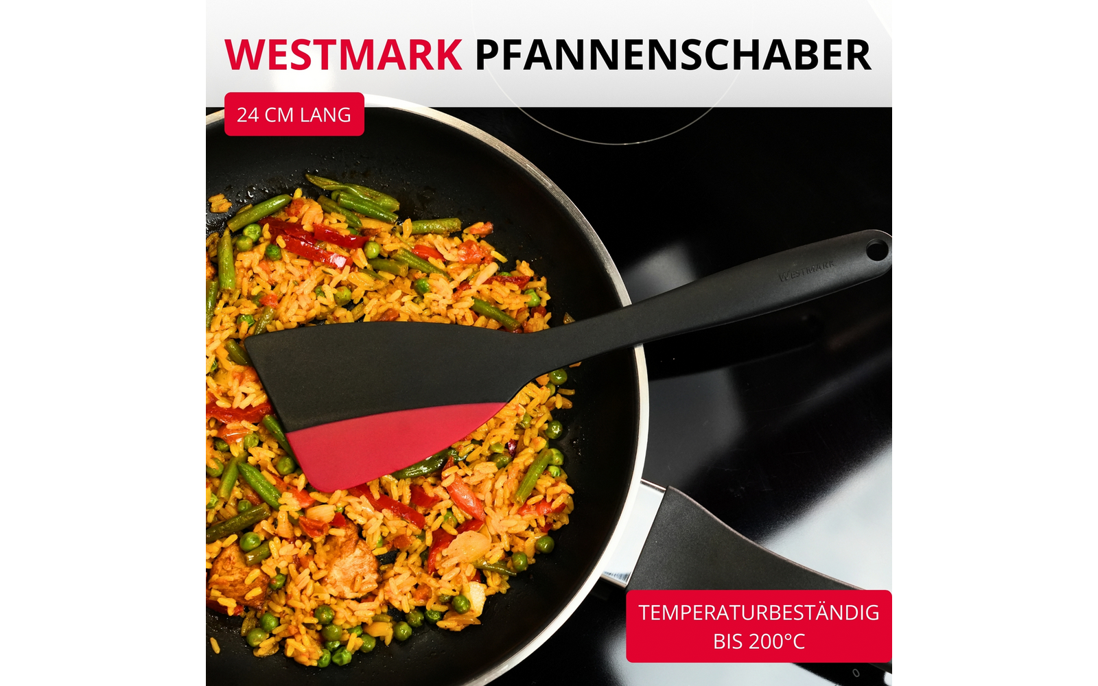 Racloir de poêle noir avec tête rouge dans une poêle contenant du riz jaune, petits pois, haricots verts et morceaux de poivron rouge sur une plaque de cuisson noire. Textes : 'WESTMARK PFANNENSCHABER', '24 CM LANG', 'TEMPERATURBESTÄNDIG BIS 200°C'
