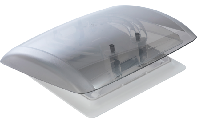 Gekrümmte, halbtransparente Kunststoffhaube über rechteckiger weißer Basis; innen sichtbare Metallstangen und Befestigungsschrauben