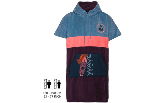 Poncho de bain coloré avec capuche, rayures horizontales bleu, rose et violet foncé, avec une poche avant à texte