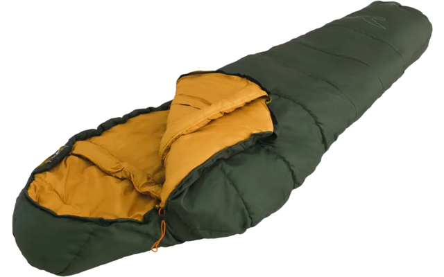 Groene slaapzak met gele voering, licht geopend