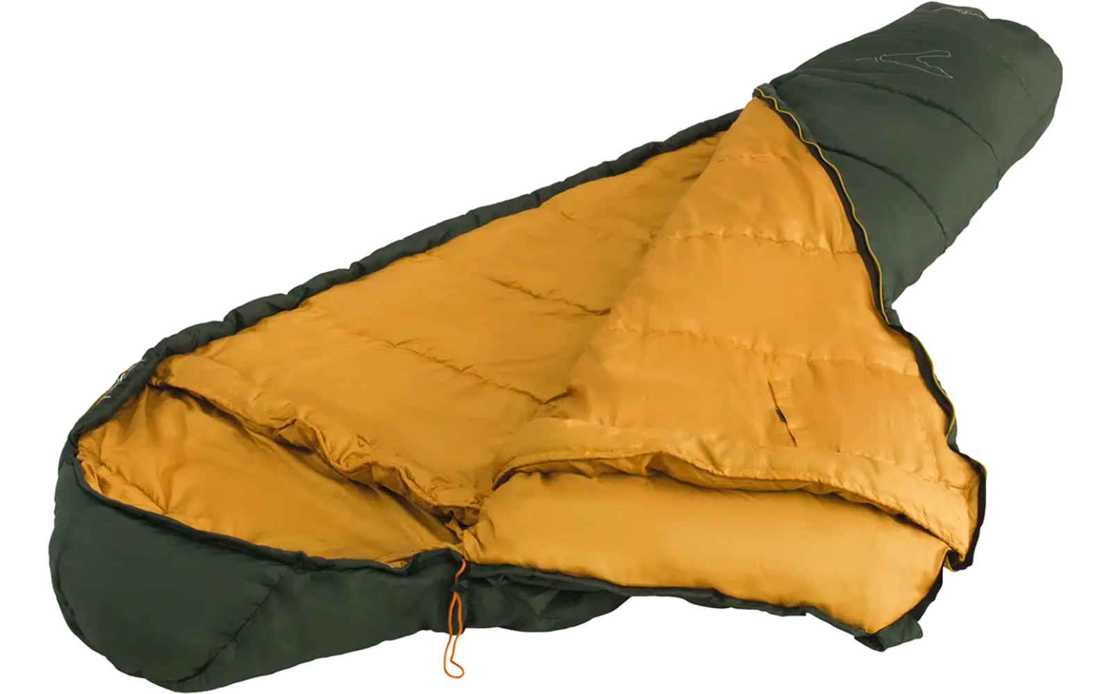 Oranje slaapzak met groene voering en kap op witte achtergrond