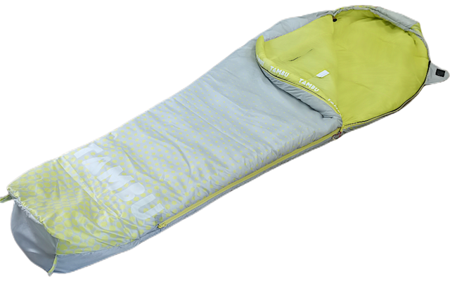 Sleeping bag with hood, light gray exterior, lime-green interior, zipper partially open