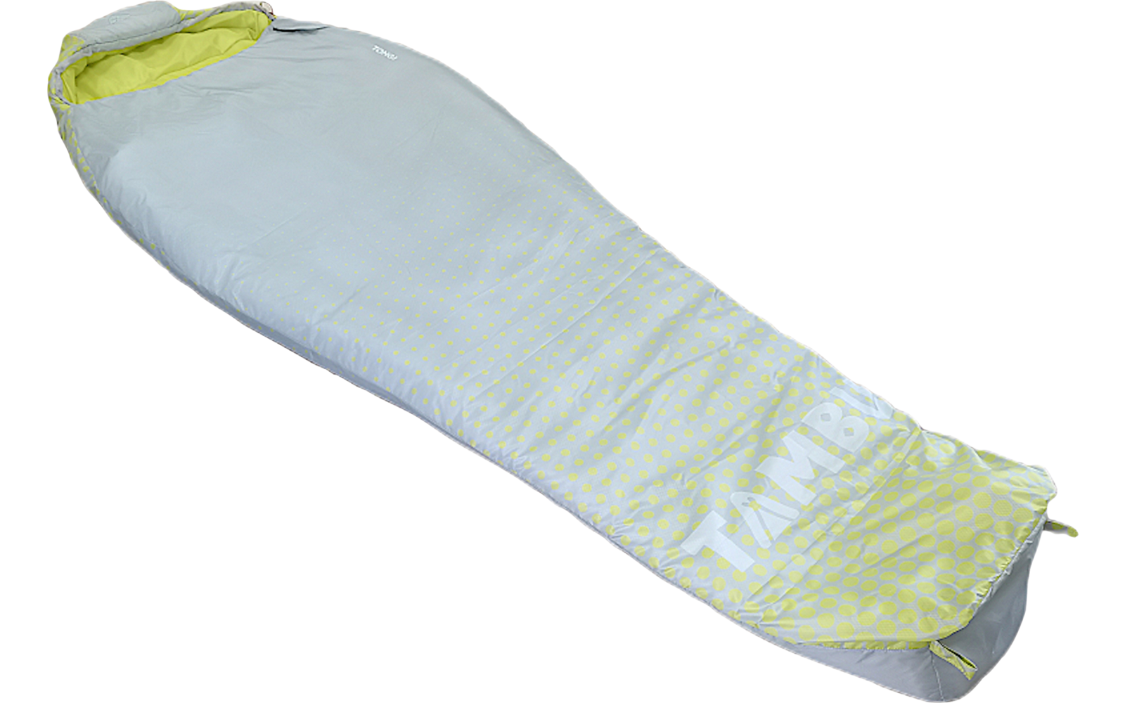 Light blue mummy-shaped sleeping bag with yellow patterned foot area, open hood, and white lettering at the foot end