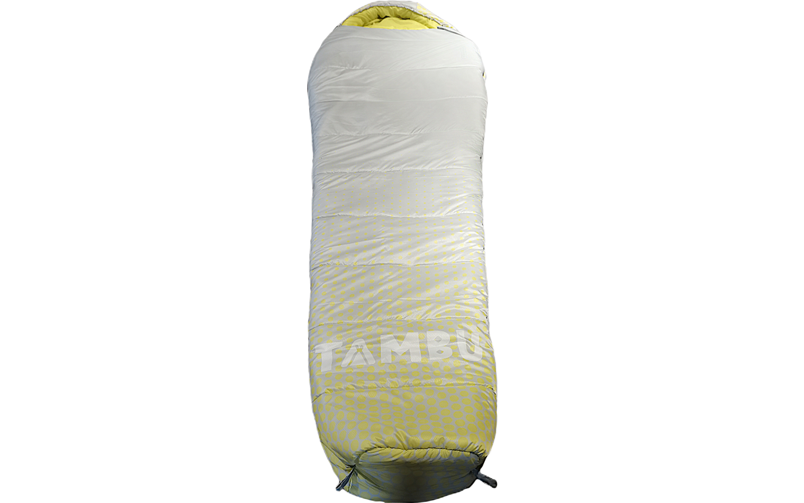 Mummy-shaped sleeping bag with white upper section, yellow patterned foot area, open hood with yellow interior, drawcords at the foot