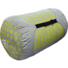 Cylindrical gray fabric bag with yellow polka dots, black strap and buckle, white logo, on white background