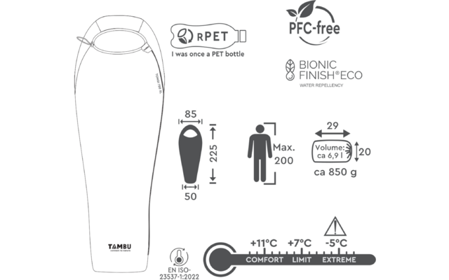 Line drawing of a mummy sleeping bag on the left; on the right icons: RPET logo with the text I was once a PET bottle, PFC-free logo, BIONIC FINISH ECO logo; dimensions: length 225 cm, shoulder width 85 cm, foot width 50 cm; packed bag icon 29 x 20 cm, volume approx. 6.9 l, weight approx. 850 g; human silhouette with Max. 200; brand name TAMBU, note EN ISO 23537-1:2022; temperature bar with Comfort +11°C, Limit +7°C, Extreme -5°C