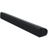 Lange schwarze Soundbar-Lautsprecherleiste mit schwarzem Frontgitter, abgeschrägter rechter Seite mit drei Tasten, einem Anschluss und einer kleinen roten Leuchte auf weißem Hintergrund