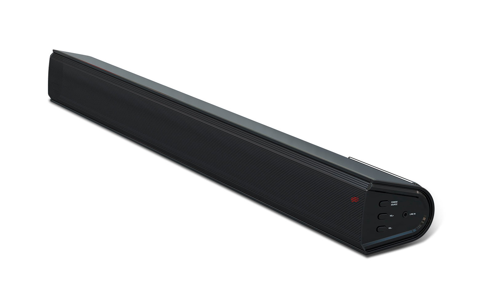 Lange schwarze Soundbar-Lautsprecherleiste mit schwarzem Frontgitter, abgeschrägter rechter Seite mit drei Tasten, einem Anschluss und einer kleinen roten Leuchte auf weißem Hintergrund