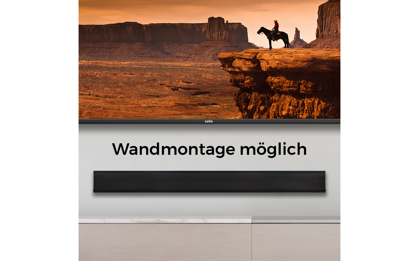 Flachbildfernseher zeigt Wüsten-Felsformation und eine Person auf einem Pferd am Klippenrand; darunter wandmontierte Soundbar und der Text "Wandmontage möglich"