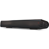 Schwarze Soundbar mit Stoffbespannung vorne, abgerundeten Enden, drei Bedientasten, einer kleinen roten Anzeige und Anschlüssen rechts, auf flachem Ständer vor weißem Hintergrund