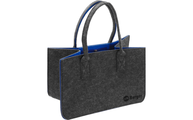 graue Filztasche mit blauer Innenauskleidung, zwei Henkeln, rechteckige offene Form, 'Berger'-Logo unten rechts