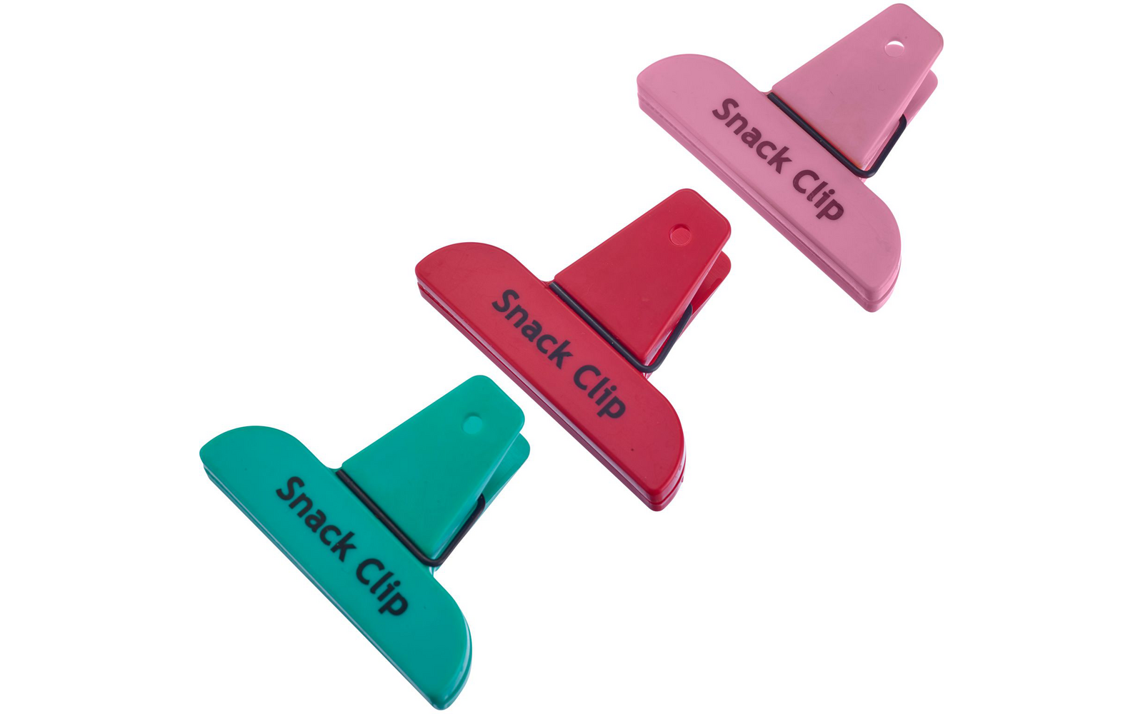 Tres clips de plástico (verde, rojo, rosa) con el texto "Snack Clip" visible sobre fondo blanco