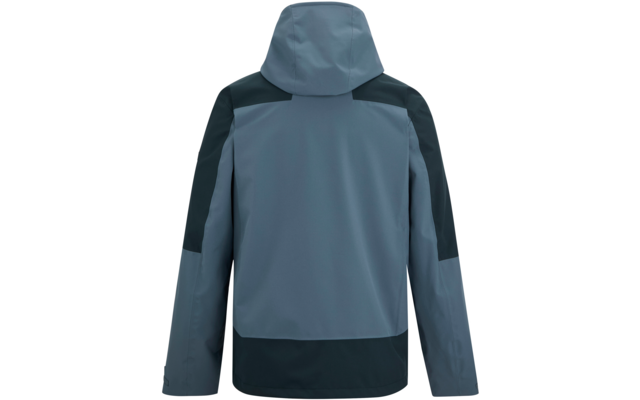 Rückansicht einer zweifarbigen Kapuzenjacke in Blautönen