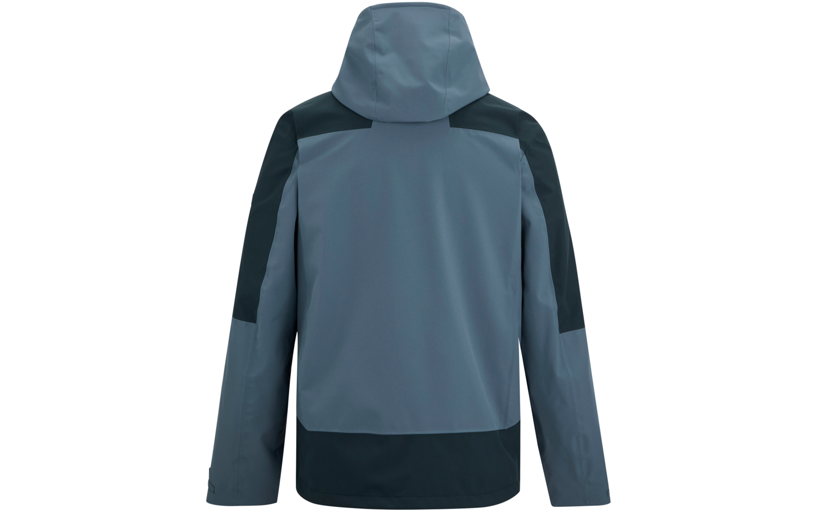 Rückansicht einer zweifarbigen Kapuzenjacke in Blautönen