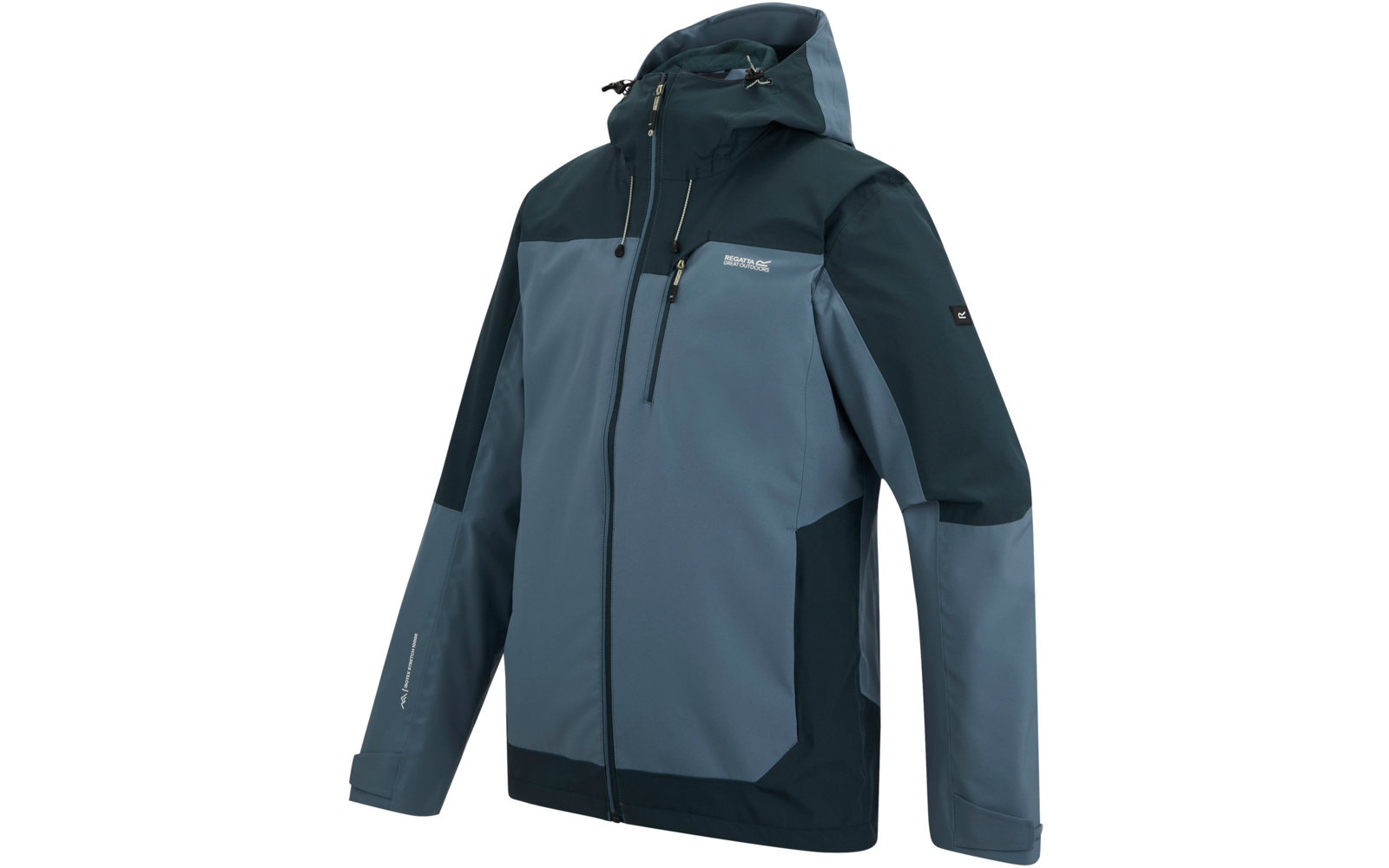 Zweifarbige Jacke in zwei Blautönen mit Kapuze, durchgehendem Frontreißverschluss, senkrechter Brusttasche mit Reißverschluss, langen Ärmeln und Markenlogo auf der Brust