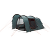 Green camping tent with two entrances and orange guy lines