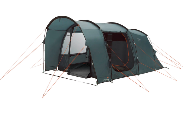 Green camping tent with two entrances and orange guy lines