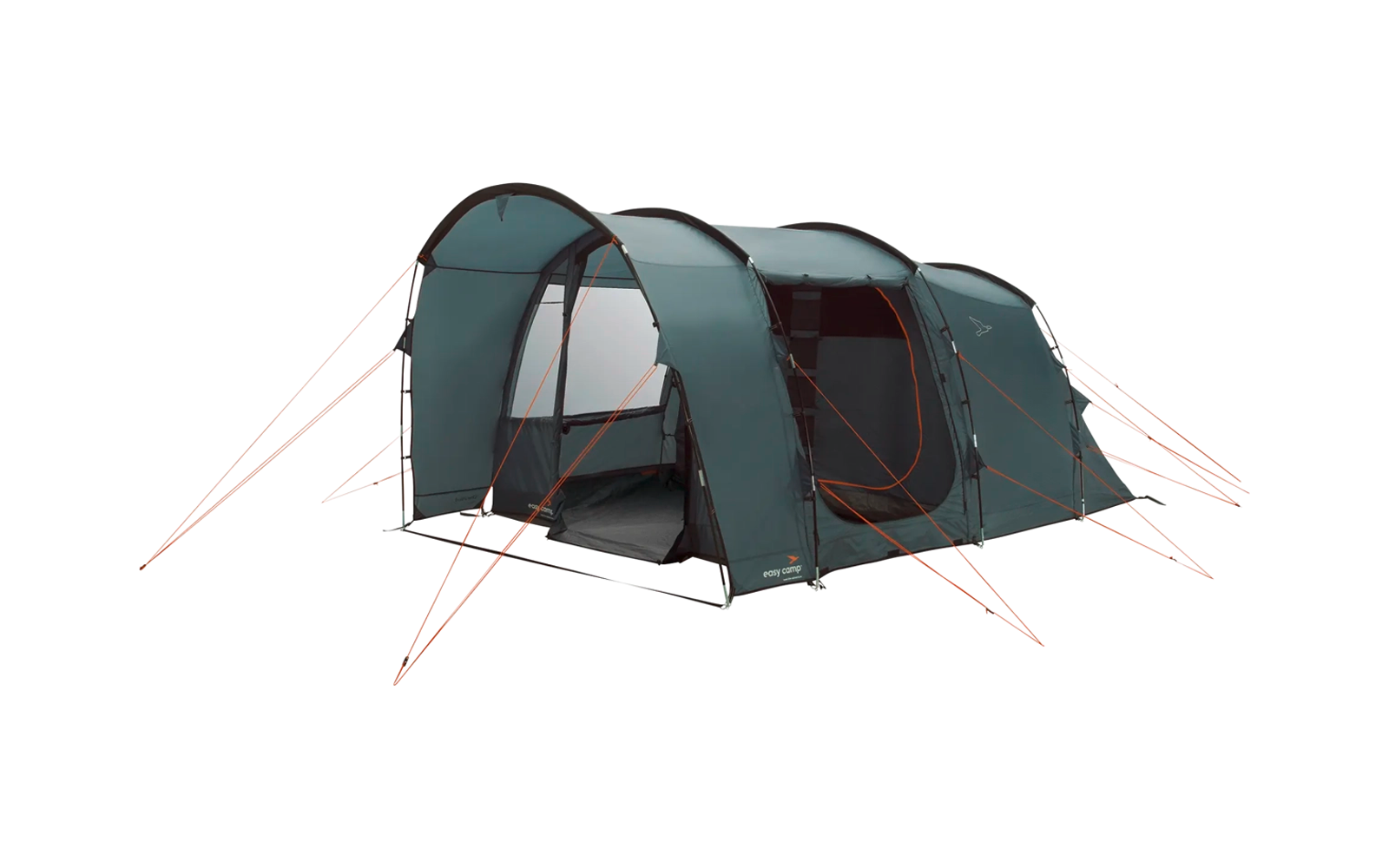 Green camping tent with two entrances and orange guy lines