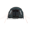 Green-blue dome tent with open front showing interior and orange guy lines
