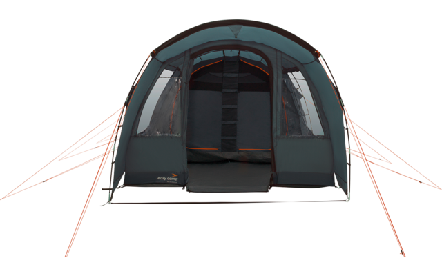 Green-blue dome tent with open front showing interior and orange guy lines