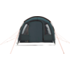 Front view of a closed dark green tent with a zippered entrance, two side windows, and orange guy lines