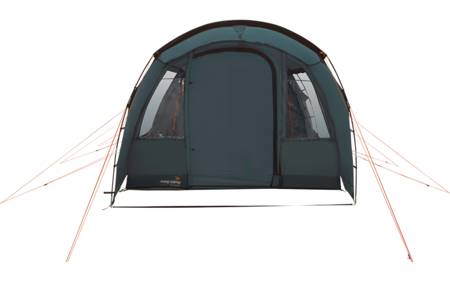 Front view of a closed dark green tent with a zippered entrance, two side windows, and orange guy lines