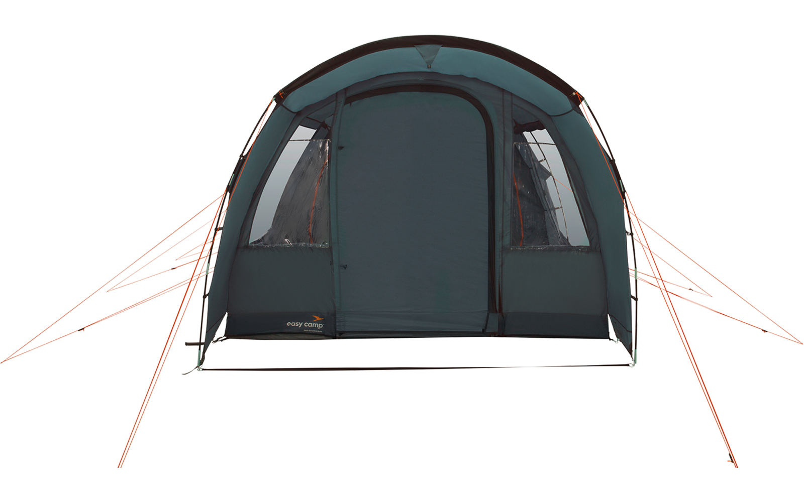 Front view of a closed dark green tent with a zippered entrance, two side windows, and orange guy lines