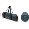 Two dark gray rolled-up carrying bags; left is cylindrical with black carrying straps, an orange drawcord at the end and white print; right shows a round end view with 'easy camp' logo and pictograms; orange measurement arrows next to the bags