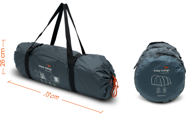 Two dark gray rolled-up carrying bags; left is cylindrical with black carrying straps, an orange drawcord at the end and white print; right shows a round end view with 'easy camp' logo and pictograms; orange measurement arrows next to the bags