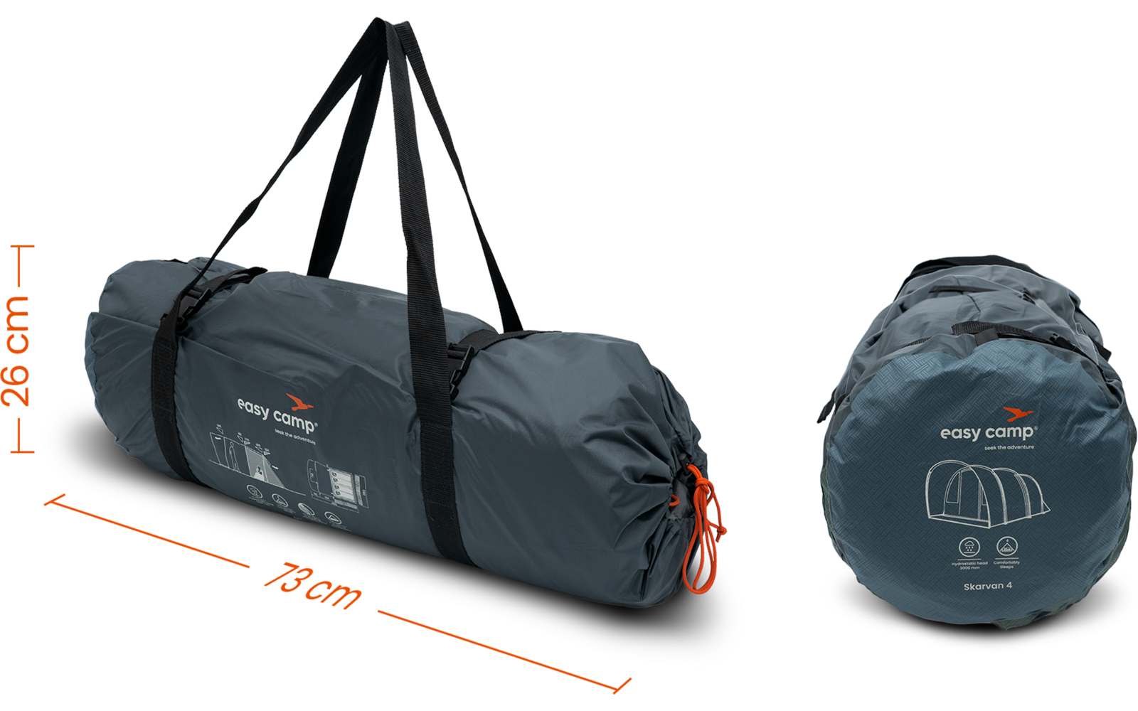 Two dark gray rolled-up carrying bags; left is cylindrical with black carrying straps, an orange drawcord at the end and white print; right shows a round end view with 'easy camp' logo and pictograms; orange measurement arrows next to the bags