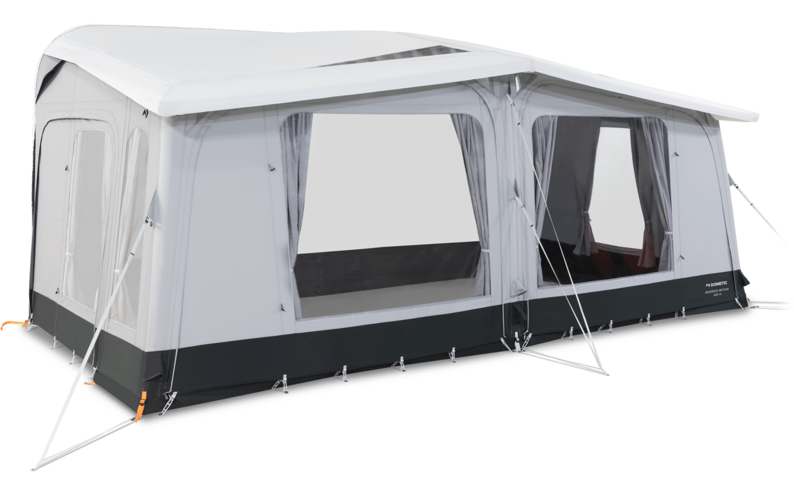 White and gray awning with three large rectangular windows, a side door, support poles and guy lines