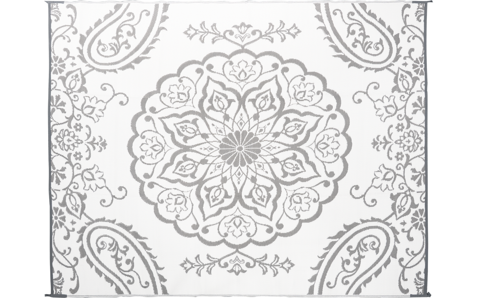 Kreisförmiges florales Ornament in Hellgrau in der Bildmitte, paisleyartige Motive in den Ecken, feine Ornamente auf weißem Hintergrund