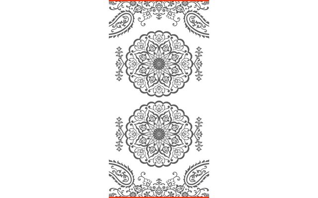 Twee verticaal gestapelde ronde zwarte lijnpatronen op witte achtergrond; druppelvormige motieven aan de zijkanten; smalle rode strepen boven en onder