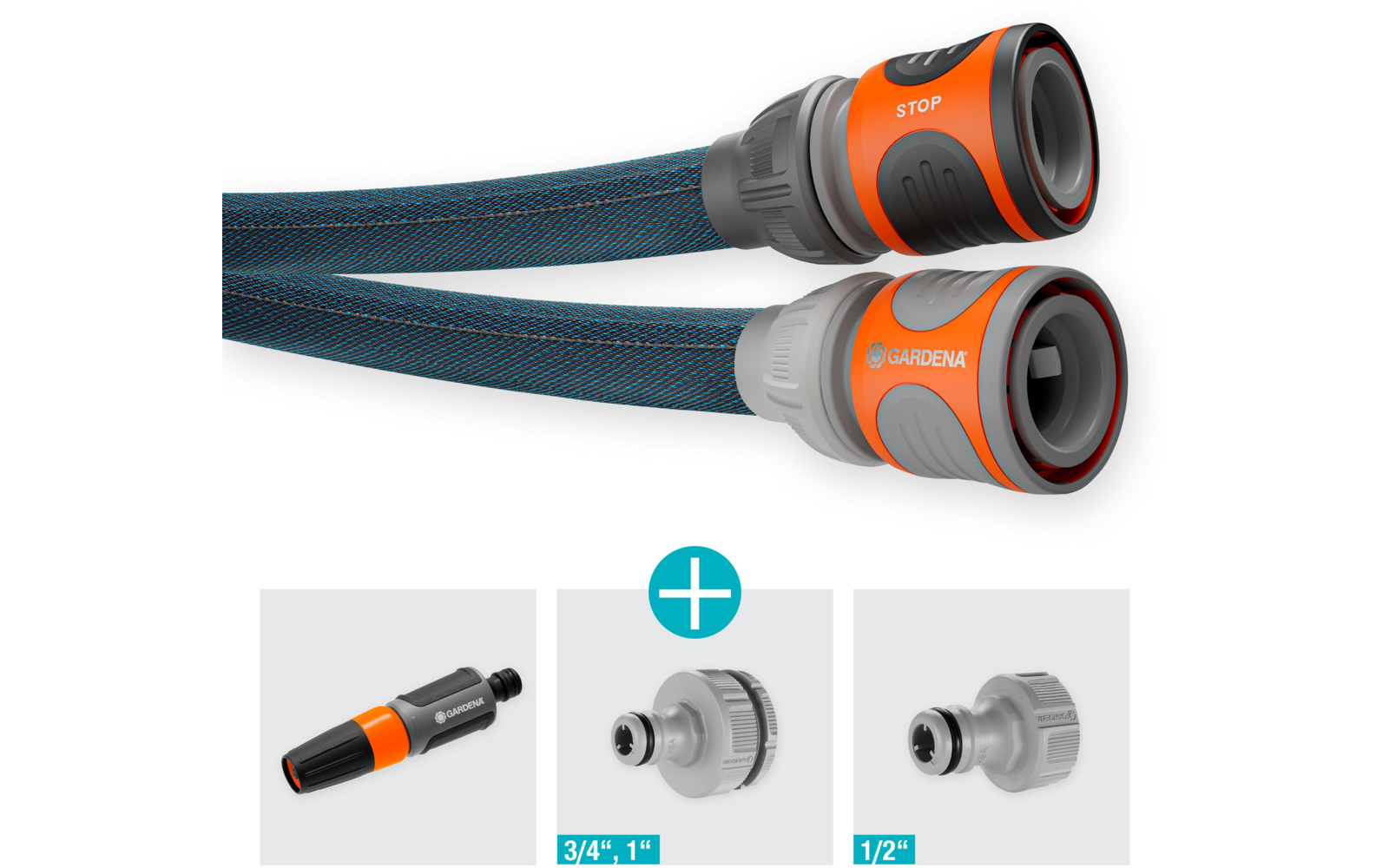 Twee donkere tuinslangen met oranje-grijze snelkoppelingen boven; daaronder drie kleine afbeeldingen: een sproeikop, een adapter met opschrift 3/4″, 1″ en een aansluiting met opschrift 1/2″