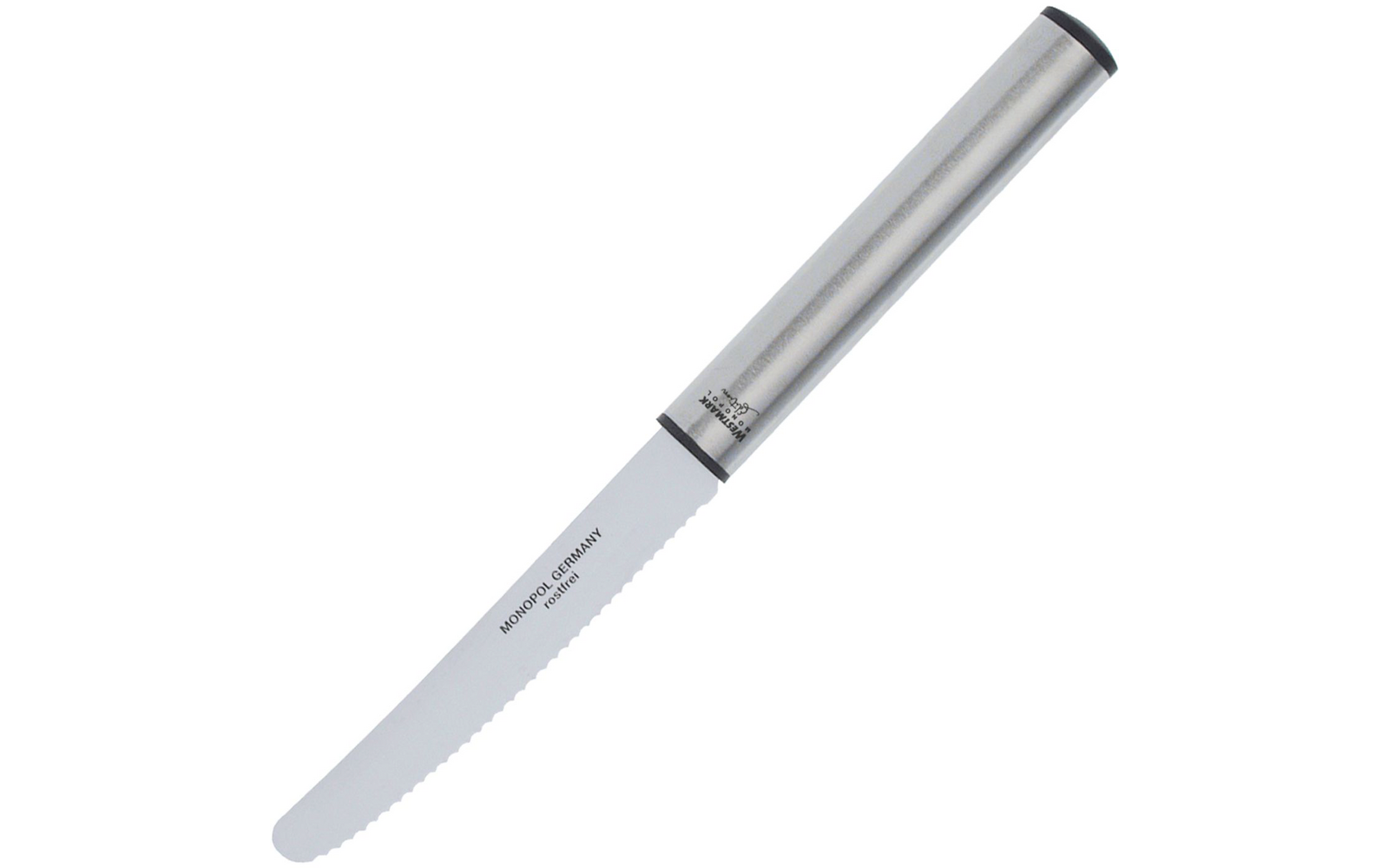 Couteau argenté à lame dentelée et manche métallique cylindrique sur fond blanc