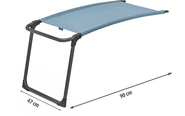 Metalen frame met blauw zonnescherm en afmetingen in centimeters