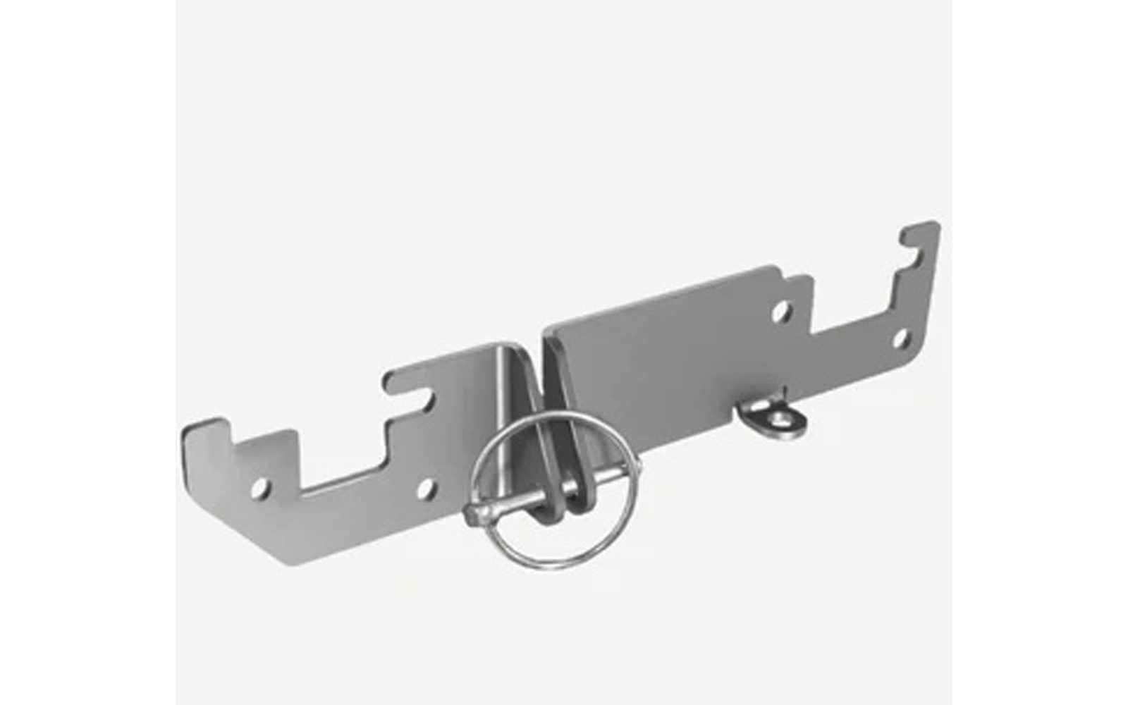Zilverkleurige metalen beugel van twee verbonden platte platen met uitsparingen en een ronde ring