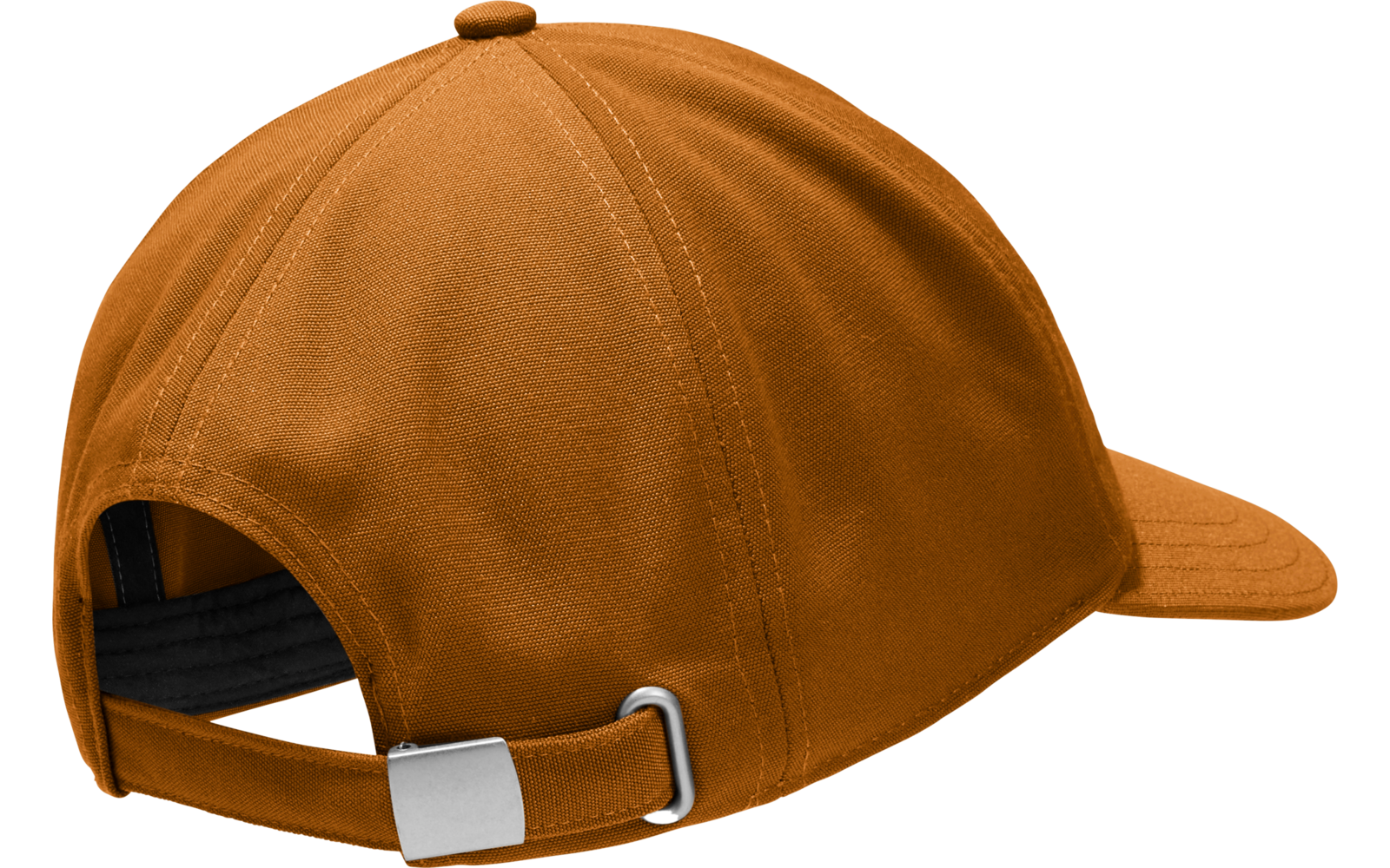 Braune Baseballkappe von hinten, Stoffpaneele mit sichtbaren Nähten, gebogener Schirm, verstellbarer Riemen mit Metallverschluss